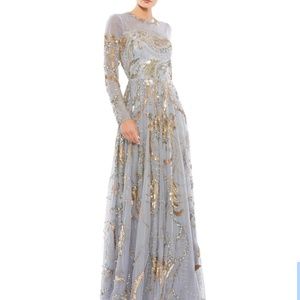Mac Duggal LONG SLEEVE EMBELLISHED ILLUSION EVENING GOWN in Silver